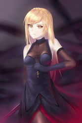 Rule 34 | 1girl, abyssal ship, bare shoulders, blonde hair, breasts, cleavage, cross, dark persona, elbow gloves, gloves, glowing, glowing eyes, highres, ian wang, jewelry, necklace, pale skin, pantyhose, richelieu (warship girls r), slit pupils, solo, two-barred cross, vampire, warship girls r, yellow eyes