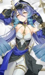 Rule 34 | 1girl, absurdres, bare shoulders, black gloves, blue hair, blue hood, blush, breasts, claw ring, detached sleeves, drill hair, drill sidelocks, gdd (vkejr702), genshin impact, gloves, hair between eyes, highres, hood, jewelry, layla (genshin impact), long hair, long sleeves, lying, on back, pointy ears, puffy sleeves, sidelocks, small breasts, solo, squinting, very long hair, yellow eyes