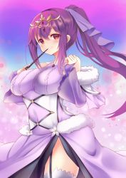 Rule 34 | 1girl, absurdres, blue background, blush, closed mouth, cowboy shot, dress, fate/grand order, fate (series), hair ribbon, highres, holding, holding wand, light particles, long hair, looking at viewer, multicolored background, ponytail, purple background, purple dress, purple hair, purple ribbon, purple theme, purple thighhighs, red eyes, ribbon, scathach (fate), scathach skadi (fate), scathach skadi (third ascension) (fate), sidelocks, smile, solo, standing, thighhighs, tiara, wand, yuu ms1974, zettai ryouiki