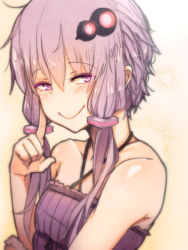 Rule 34 | 1girl, at2., bare shoulders, blush, closed mouth, collarbone, halterneck, highres, index finger raised, long hair, looking at viewer, low twintails, purple eyes, purple hair, smile, solo, twintails, vocaloid, voiceroid, yuzuki yukari