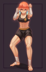 Rule 34 | 1girl, abs, ankle wrap, barefoot, black shorts, boxers, breasts, brown background, clenched hands, commentary, earrings, english commentary, fighting stance, foot wraps, gift art, hand wraps, highres, hololive, hololive english, jewelry, kickboxing, male underwear, medium breasts, midriff, muay thai, muscular, muscular female, navel, obliques, purple eyes, red eyes, seraziel, shorts, simple background, takanashi kiara, underwear, virtual youtuber