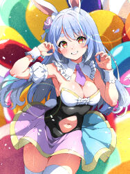 Rule 34 | 1girl, absurdres, animal ears, anime coloring, bare shoulders, blue bow, blue bowtie, blush, bow, bowtie, breasts, clothing cutout, detached collar, detached sleeves, flower, hair flower, hair ornament, highres, hololive, isakoro (hx9cj), long hair, looking at viewer, medium breasts, multicolored clothes, navel, navel cutout, necktie, orange eyes, rabbit ears, skirt, smile, solo, thighhighs, thighs, usada pekora, virtual youtuber, white thighhighs, wrist cuffs
