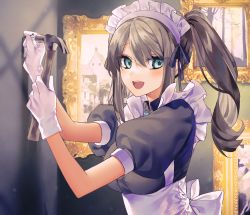 Rule 34 | 1girl, :d, apron, arm up, black dress, blue eyes, breasts, brooch, brown hair, collared dress, dress, gambe, gloves, hair between eyes, hammer, hand up, highres, holding, holding hammer, jewelry, long hair, looking at viewer, looking to the side, maid, maid headdress, medium breasts, nail, open mouth, original, painting (object), picture frame, puffy short sleeves, puffy sleeves, short sleeves, side ponytail, smile, solo, upper body, white apron, white gloves