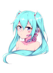 Rule 34 | 1girl, absurdres, aqua hair, bad id, bad pixiv id, bare shoulders, blush, breasts, closed mouth, collarbone, commentary request, facial hair, hair between eyes, hair censor, hair ornament, hatsune miku, headset, highres, long hair, looking at viewer, meng ge 3 (565571710), portrait, purple eyes, simple background, small breasts, solo, star (symbol), twintails, vocaloid, white background