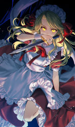 Rule 34 | 1girl, apron, blonde hair, breasts, commentary request, covered mouth, dagger, frilled apron, frills, glowing, glowing eyes, highres, holding, holding dagger, holding knife, holding weapon, jill 07km, knife, large breasts, long hair, looking at viewer, maid, maid apron, maid headdress, puffy short sleeves, puffy sleeves, red neckwear, red ribbon, red shirt, ribbon, shirt, short sleeves, solo, thighs, touhou, touhou (pc-98), weapon, white apron, wing collar, wrist cuffs, yellow eyes, yumeko (touhou)