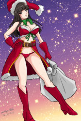 Rule 34 | 1girl, alternate costume, artist name, belt, bikini, black belt, black eyes, black hair, blue background, blunt bangs, boots, breasts, christmas, cleavage, commentary, dated, girls und panzer, gloves, gradient background, hand on own hip, hat, head tilt, high heel boots, high heels, holding, holding sack, knee boots, large breasts, long hair, looking at viewer, matsui yasutsugu, neck ribbon, nishizumi shiho, one-hour drawing challenge, orange background, overskirt, parted lips, red bikini, red footwear, red gloves, red hat, red skirt, ribbon, sack, santa bikini, santa costume, santa hat, signature, skirt, solo, standing, star (symbol), starry background, straight hair, strapless, strapless bikini, swimsuit