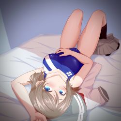 Rule 34 | 1girl, aqua eyes, artist name, artist request, bare legs, bare shoulders, bed, black socks, blue eyes, blue one-piece swimsuit, blush, breasts, brown hair, clothes on bed, collarbone, competition school swimsuit, female focus, full body, grey hair, hair between eyes, hand on stomach, highres, indoors, kneehighs, knees up, light brown hair, looking at viewer, love live!, love live! school idol festival, love live! sunshine!!, medium breasts, one-piece swimsuit, school swimsuit, school uniform, serafuku, short hair, smile, socks, solo, swimsuit, upside-down, uranohoshi school uniform, watanabe you, wavy hair