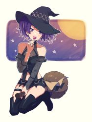 Rule 34 | agata (agatha), bad id, bad pixiv id, bare shoulders, boots, broom, broom riding, candy, collarbone, commentary request, detached sleeves, diagonal bangs, ear piercing, earrings, food, hat, high heel boots, high heels, highres, idolmaster, idolmaster shiny colors, jewelry, lollipop, long hair, nail polish, navel, piercing, purple eyes, purple hair, purple nails, short shorts, short twintails, shorts, tanaka mamimi, thigh boots, thighhighs, twintails, witch hat