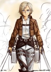 Rule 34 | 1girl, autumn-north, belt, blue eyes, boots, cropped jacket, dual wielding, eyebrows, flat chest, frown, glasses, holding, knee boots, rico brzenska, rimless eyewear, shingeki no kyojin, short hair, silver hair, solo, suspenders, sword, thick eyebrows, thigh strap, three-dimensional maneuver gear, uniform, weapon