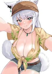 Rule 34 | 1girl, animal ears, belt, bikini, bikini under clothes, blue shorts, blush, breasts, brown hat, cat ears, cat girl, cat tail, cleavage, closed mouth, collarbone, commentary request, denim, denim shorts, ear ornament, facial mark, fang, final fantasy, final fantasy xiv, front-tie top, grey eyes, hat, highres, jewelry, large breasts, long hair, looking at viewer, miqo&#039;te, necklace, reaching, reaching towards viewer, shhilee, shirt, short shorts, short sleeves, shorts, simple background, skin fang, smile, solo, swimsuit, tail, visor cap, warrior of light (ff14), whisker markings, white background, white hair, yellow bikini, yellow shirt