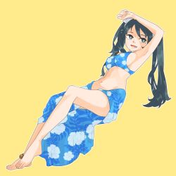 Rule 34 | 1girl, barefoot, bikini, blue bikini, blue eyes, blue hair, blue sarong, breasts, floral print, full body, highres, isuzu (kancolle), kantai collection, large breasts, long hair, looking at viewer, sarong, solo, swimsuit, twintails, yama (yam0a), yellow background