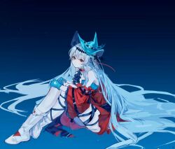 Rule 34 | 1girl, aqua gloves, aqua hat, arknights, blue background, boots, chinese commentary, commentary request, detached sleeves, dress, frown, full body, gloves, gradient background, grey hair, hat, lin qing (phosphorus 1104), long hair, looking at viewer, red dress, red eyes, sitting, skadi (arknights), skadi the corrupting heart (arknights), solo, thigh strap, thighs, very long hair, white footwear