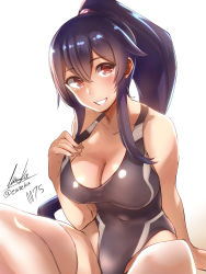 Rule 34 | 1girl, absurdres, alternate costume, black hair, blush, closed mouth, competition swimsuit, eureka (eureka-0075), gradient background, hair between eyes, hair ornament, hair ribbon, highres, kantai collection, long hair, looking at viewer, one-piece swimsuit, ponytail, red eyes, ribbon, smile, solo, swimsuit, yahagi (kancolle)