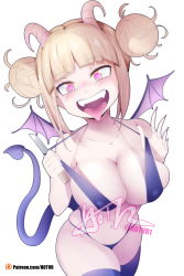 Rule 34 | 1girl, :d, bat wings, black one-piece swimsuit, black thighhighs, blonde hair, blunt bangs, blush, boku no hero academia, breasts, cleavage, collarbone, commentary, covered erect nipples, cowboy shot, demon girl, demon horns, demon tail, double bun, english commentary, fangs, fingernails, hair bun, heart, heart-shaped pupils, highres, holding, holding knife, horns, hot vr, knife, large breasts, looking at viewer, messy hair, navel, one-piece swimsuit, open mouth, sharp fingernails, sidelocks, simple background, slingshot swimsuit, smile, solo, standing, swimsuit, symbol-shaped pupils, tail, thighhighs, toga himiko, tongue, tongue out, white background, wings, yellow eyes