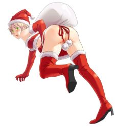 Rule 34 | 1boy, ass, axis powers hetalia, blonde hair, boots, censored, christmas, convenient censoring, costume, crossdressing, elbow gloves, fur, gloves, green eyes, hat, high heel boots, high heels, looking back, male focus, moge-hera, santa costume, santa hat, shoes, short hair, solo, thigh boots, thighhighs, united kingdom (hetalia)