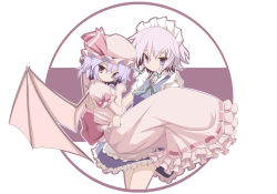 Rule 34 | 2girls, bat wings, braid, carrying, dress, expressionless, female focus, hat, izayoi sakuya, looking at viewer, maid headdress, miko machi, multiple girls, pink dress, princess carry, puffy short sleeves, puffy sleeves, remilia scarlet, short sleeves, silver hair, simple background, touhou, twin braids, vampire, white background, wings