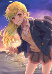 Rule 34 | 1girl, :d, bag, black skirt, blazer, blonde hair, blush, bookbag, braid, brown eyes, gyaru, hand in pocket, highres, jacket, jewelry, kishinaito, leaning forward, long hair, looking at viewer, necklace, open mouth, original, outdoors, pleated skirt, skirt, smile, solo, standing, sunset, sweater vest, vest