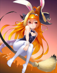 Rule 34 | 1girl, aged down, ahoge, animal ears, araki (qbthgry), bare shoulders, black headwear, black leotard, bow, bowtie, braid, breasts, broom, broom riding, brown hair, detached collar, dragon horns, dragon tail, fake animal ears, feet, hair intakes, hairband, halloween, hat, highres, hololive, horns, kiryu coco, leotard, long hair, no shoes, pantyhose, rabbit ears, red eyes, ribbon, sitting, small breasts, solo, tail, toes, virtual youtuber, white pantyhose, witch hat, wrist cuffs