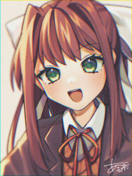 Rule 34 | 1girl, :d, ap51, artist name, blazer, blurry, blurry background, blush, brown hair, brown jacket, brown sweater vest, close-up, commentary, doki doki literature club, dress shirt, green eyes, hair intakes, hair ribbon, jacket, long hair, monika (doki doki literature club), neck ribbon, open mouth, portrait, red ribbon, ribbon, shirt, sidelocks, signature, smile, solo, sweater vest, teeth, upper teeth only, white ribbon, white shirt