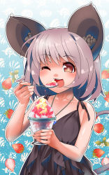 Rule 34 | 1girl, alternate costume, animal ear fluff, animal ears, collarbone, eating, food, fruit, grey hair, highres, md5 mismatch, mouse ears, mouse tail, nazrin, one eye closed, open mouth, pendulum, red eyes, shaved ice, solo, strawberry, tail, tank top, touhou, umigarasu (kitsune1963), upper body