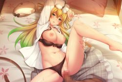 Rule 34 | 1boy, 1girl, arm up, barefoot, black bra, black panties, blonde hair, bra, bra pull, breasts, censored, clothes pull, clothing aside, collared shirt, dress shirt, game cg, gradient hair, green eyes, green hair, groin, hair between eyes, hetero, indoors, large breasts, long hair, looking at viewer, lying, mosaic censoring, multicolored hair, navel, nipples, on back, open clothes, open shirt, panties, panties aside, parted lips, penis, plus links, pov, pussy, sex, shiny skin, shirt, underwear, vaginal, very long hair, white shirt, wing collar