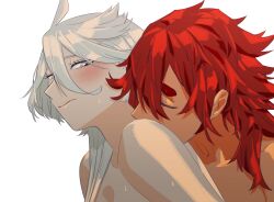 Rule 34 | 2girls, absurdres, blush, closed eyes, closed mouth, commentary request, dark-skinned female, dark skin, grey eyes, gundam, gundam suisei no majo, highres, kissing shoulder, korean commentary, long hair, miorine rembran, multiple girls, nude, red hair, simple background, snapagi, suletta mercury, sweat, thick eyebrows, upper body, white background, white hair, yuri