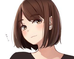 Rule 34 | 1girl, black shirt, blush, bob cut, brown eyes, brown hair, closed mouth, commentary request, earrings, highres, jewelry, kapatarou, looking at viewer, original, portrait, shirt, short hair, simple background, smile, solo, stud earrings, thick eyebrows, translation request, white background