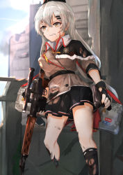 Rule 34 | 1girl, absurdres, belt, black gloves, black hat, black skirt, black thighhighs, blood, blood on face, boots, brown eyes, brown footwear, brown jacket, city, damaged, dragunov svd, fingerless gloves, girls&#039; frontline, gloves, grey hair, gun, hat, highres, holding, holding gun, holding weapon, jacket, long hair, looking away, mechanical legs, mechanical parts, military, military hat, military uniform, muteppona hito, rifle, shirt, simple background, single boot, single mechanical leg, single thighhigh, skirt, sniper rifle, solo, standing, standing on one leg, svd (girls&#039; frontline), thighhighs, torn clothes, uniform, weapon, weapon case, white shirt