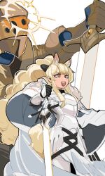 Rule 34 | 1girl, animal ear fluff, animal ears, arknights, armor, bbizim03, black bow, blemishine (arknights), blonde hair, bow, cape, gauntlets, gloves, hair bow, highres, holding, holding sword, holding weapon, horse ears, horse girl, horse tail, long hair, open mouth, orange eyes, simple background, sword, tail, thighhighs, very long hair, weapon, white background, white thighhighs