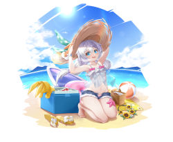 Rule 34 | 1girl, absurdres, arms up, ball, beach, beachball, blue shorts, brown footwear, commentary request, cooler, cutoffs, day, flower, groin, hands on headwear, hat, hat ribbon, highres, homu (honkai impact), honkai (series), honkai impact 3rd, long hair, mo ying yu, mountain, navel, open clothes, open fly, open shorts, outdoors, plaid, plaid ribbon, ribbon, sand, sandals, unworn sandals, see-through, short shorts, shorts, silver hair, solo, starfish, straw hat, stuffed animal, stuffed rabbit, stuffed toy, sun, sunflower, theresa apocalypse, very long hair, water, white flower, yellow flower