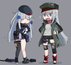 Rule 34 | 2girls, = =, beret, blue hair, blunt bangs, body switch, breasts, closed eyes, clothes writing, collar, facial mark, full body, g11 (girls&#039; frontline), girls&#039; frontline, gloves, grey background, hands on own hips, hat, hk416 (girls&#039; frontline), jacket, knee pads, long hair, long sleeves, multiple girls, open mouth, personality switch, pleated skirt, popped collar, ran system, red scarf, saliva, scarf, scarf on head, shadow, shoes, shorts, silver hair, simple background, skirt, sleepy, standing, teardrop, thighhighs, white gloves
