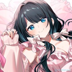 Rule 34 | 1girl, black hair, blue eyes, bow, breasts, cleavage, commentary request, hair bow, long hair, low twintails, medium breasts, nijisanji, ninahachi, onomachi haruka, pillow, red nails, smile, solo, twintails, virtual youtuber, white bow