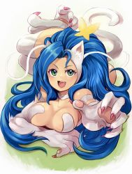 Rule 34 | 1girl, animal ears, animal hands, ass, bare shoulders, blue hair, breast rest, breasts, bug, butterfly, cat ears, cat tail, felicia (vampire), futabamidori, grass, green eyes, highres, insect, large breasts, long hair, lying, on side, tail, vampire (game), very long hair