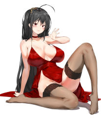 Rule 34 | 1girl, absurdres, ahoge, arm support, azur lane, bare shoulders, black hair, blush, breasts, brown thighhighs, choker, cleavage, cocktail dress, collarbone, dress, groin, hair between eyes, hair ornament, hand up, highres, huge breasts, large breasts, long hair, looking at viewer, no panties, official alternate costume, pixel (yuxian), red choker, red dress, red eyes, simple background, sitting, smile, solo, taihou (azur lane), taihou (forbidden feast) (azur lane), thighhighs, very long hair, white background