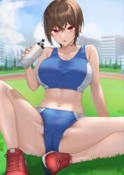 Rule 34 | 1girl, absurdres, bare arms, blue buruma, blue sports bra, bottle, breasts, brown hair, building, buruma, cloud, grass, hair between eyes, highres, holding, holding bottle, large breasts, midriff, navel, original, parted lips, red eyes, red footwear, running track, rushian, shadow, shoes, short hair, sky, sneakers, solo, sports bra, sportswear, stomach, sweat, track uniform, water bottle