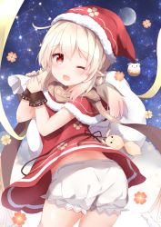 Rule 34 | 1girl, ass, black ribbon, blonde hair, blush, capelet, child, christmas, clover, collar, commentary, cowboy shot, dress, four-leaf clover, fur-trimmed collar, fur-trimmed headwear, fur trim, genshin impact, hat, highres, holding, holding sack, klee (genshin impact), looking at viewer, moon, night, night sky, one eye closed, open mouth, pointy ears, pom pom (clothes), red capelet, red dress, red eyes, ribbon, sack, santa costume, santa hat, short shorts, short twintails, shorts, shorts under dress, sky, sleeveless, solo, standing, star (sky), starry sky, tutsucha illust, twintails, wrist cuffs