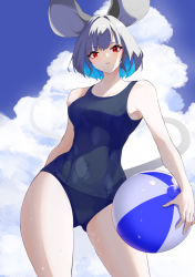 Rule 34 | 1girl, alternate costume, animal ears, ball, beachball, black one-piece swimsuit, blue sky, blush, breasts, cloud, commentary request, contrapposto, cowboy shot, cumulonimbus cloud, grey hair, holding, holding ball, holding beachball, looking at viewer, mamacha (vnct5755), medium breasts, mouse ears, mouse girl, mouse tail, nazrin, one-piece swimsuit, parted lips, red eyes, short hair, sky, solo, swimsuit, tail, touhou
