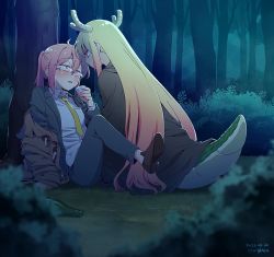 Rule 34 | 2girls, blonde hair, blush, bottomless, brown cloak, brown hair, brown jacket, cloak, collared shirt, commentary request, cup, dated, dragon girl, dragon horns, dragon tail, drunk, eye contact, face-to-face, forest, formal, holding, holding cup, horns, jacket, kobayashi-san chi no maidragon, kobayashi (maidragon), korean commentary, long hair, long sleeves, looking at another, multiple girls, nature, necktie, nightea, parted lips, ponytail, red eyes, shirt, sitting, sleeves past wrists, suit, tail, tohru (maidragon), tree, twitter username, yellow necktie, yuri