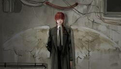 Rule 34 | 1girl, angel wings, black necktie, black pants, braid, braided ponytail, chainsaw man, collared shirt, formal, graffiti, hand in pocket, highres, kamo (kamonegioisi), looking at viewer, makima (chainsaw man), medium hair, necktie, pants, parted lips, red hair, ringed eyes, shirt, shirt tucked in, sidelocks, smile, solo, suit, white shirt, wings, yellow eyes
