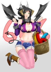 Rule 34 | 1girl, 666, :d, black hair, blush, boots, bracelet, breasts, brown footwear, cleavage, cutoffs, demon girl, demon horns, demon tail, demon wings, detached sleeves, fang, fork, full body, garter belt, green eyes, hair ornament, high heel boots, high heels, highres, horns, jewelry, kneeling, knees together feet apart, large breasts, looking at viewer, megatama, navel, open mouth, original, picnic basket, pink thighhighs, ponytail, short shorts, shorts, sidelocks, smile, solo, stomach, tail, thighhighs, wings, zettai ryouiki