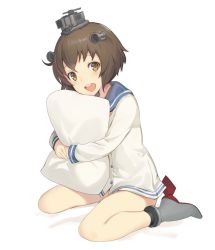 Rule 34 | 1girl, :d, ankle boots, bad id, bad twitter id, blue sailor collar, blush, boots, brown eyes, brown hair, commentary request, dress, full body, grey footwear, headgear, high heel boots, high heels, kantai collection, km yama, long sleeves, looking at viewer, neckerchief, hugging object, open mouth, pillow, pillow hug, round teeth, sailor collar, sailor dress, short hair, simple background, sitting, smile, solo, teeth, white background, yellow neckerchief, yukikaze (kancolle)