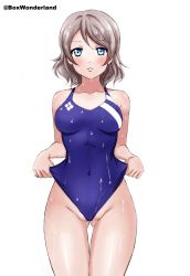 Rule 34 | 1girl, absurdres, blue eyes, blue one-piece swimsuit, blush, box wonderland, breasts, brown hair, cameltoe, clothes pull, competition swimsuit, gluteal fold, highleg, highleg swimsuit, highres, looking at viewer, love live!, love live! sunshine!!, medium breasts, one-piece swimsuit, one-piece swimsuit pull, partially visible vulva, shiny skin, short hair, solo, standing, swimsuit, thigh gap, thighs, watanabe you, wedgie, wet, wet clothes, wet swimsuit