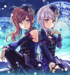 Rule 34 | 2girls, bang dream!, bare shoulders, between legs, blurry, blurry background, blush, boots, breasts, brown eyes, brown hair, cleavage, closed mouth, commentary, depth of field, detached sleeves, fingerless gloves, fingernails, fishnet gloves, fishnets, flower, gloves, hair ornament, hair scrunchie, hand between legs, hand up, hat, imai lisa, juliet sleeves, long hair, long sleeves, looking at viewer, minato yukina, mini hat, multiple girls, orange scrunchie, parted lips, pink flower, pink rose, pleated skirt, puffy long sleeves, puffy sleeves, purple flower, purple footwear, purple hat, purple legwear, purple rose, purple shirt, purple skirt, roman numeral, rose, scrunchie, shirt, side ponytail, silver hair, sitting, skirt, sleeveless, sleeveless shirt, small breasts, smile, thigh boots, thighhighs, tiny (tini3030)