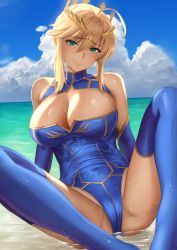 Rule 34 | 1girl, ahoge, artoria pendragon (fate), artoria pendragon (lancer) (fate), bare shoulders, beach, blue gloves, blue leotard, blue sky, blue thighhighs, blush, braid, breasts, cleavage, cleavage cutout, closed mouth, clothing cutout, cloud, crotch, crown, day, elbow gloves, fate/grand order, fate (series), french braid, gloves, green eyes, hair between eyes, heattech leotard, highres, knees up, large breasts, leaning back, legs, leotard, looking at viewer, ocean, sidelocks, sky, smile, solo, swept bangs, thighhighs, thighs, turtleneck, wet, yamaneko (tkdrumsco)