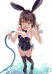 Rule 34 | 1girl, :p, animal ear hairband, animal ears, bare arms, bare shoulders, black bow, black bowtie, black hairband, black thighhighs, blush, bow, bowtie, breasts, brown hair, cleavage, commentary request, culter, detached collar, fake animal ears, fake tail, from above, full body, hair between eyes, hairband, hands up, highres, holding, hose, leotard, looking at viewer, no shoes, original, playboy bunny, rabbit ear hairband, rabbit ears, rabbit tail, short hair, simple background, small breasts, smile, solo, standing, tail, thighhighs, thighs, tongue, tongue out, water, white background, wrist cuffs, yellow eyes