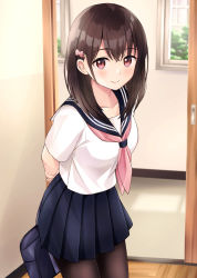 Rule 34 | 1girl, arms behind back, bag, black pantyhose, blue sailor collar, blue skirt, blush, bow, brown hair, closed mouth, door, hair bow, hallway, highres, holding, holding bag, indoors, leaning forward, long hair, looking at viewer, neckerchief, original, pantyhose, pink bow, pink eyes, pink neckerchief, pleated skirt, sailor collar, school bag, school uniform, serafuku, shirt, short sleeves, skirt, smile, solo, standing, white shirt, window, yukimaru217