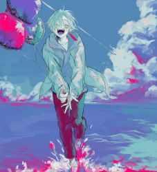 Rule 34 | 1boy, ahoge, balloon, blush, cloud, cloudy sky, collarbone, colored tongue, contrail, earrings, closed eyes, eyes visible through hair, fangs, grey hair, grey hoodie, hair between eyes, highres, holding, holding balloon, hood, hood down, hoodie, jacket, jewelry, male focus, open clothes, open jacket, open mouth, original, outdoors, pd ta1, purple tongue, running, running towards viewer, shoes, single earring, sky, sleeves past wrists, sneakers, socks, solo, splashing, water, white jacket