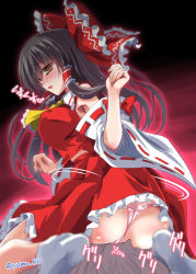 Rule 34 | 1boy, 1girl, ascot, ass, black hair, blush, bow, breasts, brown eyes, commentary request, detached sleeves, hair bow, hair tubes, hakurei reimu, large breasts, long hair, motion lines, no shoes, open mouth, panties, pink panties, red bow, red skirt, ribbon-trimmed sleeves, ribbon trim, sidelocks, sitting, sitting on face, sitting on person, skirt, skirt set, socks, touhou, twisted torso, twitter username, underwear, white legwear, wide sleeves, yamu (reverse noise)