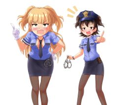 2girls akagi_miria bichosan black_pantyhose blonde_hair blush breasts cuffs fangs gloves highres idolmaster idolmaster_cinderella_girls jougasaki_rika leaning_forward legs multiple_girls necktie open_mouth pantyhose police police_uniform policewoman small_breasts