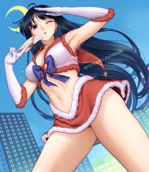 Rule 34 | 1girl, arm up, armpits, artist name, bare legs, bishoujo senshi sailor moon, black hair, blue bow, bow, breasts, building, capelet, christmas, city, commentary, crescent moon, earrings, elbow gloves, english commentary, envelope, gloves, grey eyes, hand up, holding, holding envelope, jewelry, legs, long hair, medium breasts, miniskirt, moon, mystra77, navel, night, night sky, one eye closed, open mouth, outdoors, patreon username, red capelet, red skirt, sailor mars, skirt, sky, skyscraper, solo, standing, white gloves